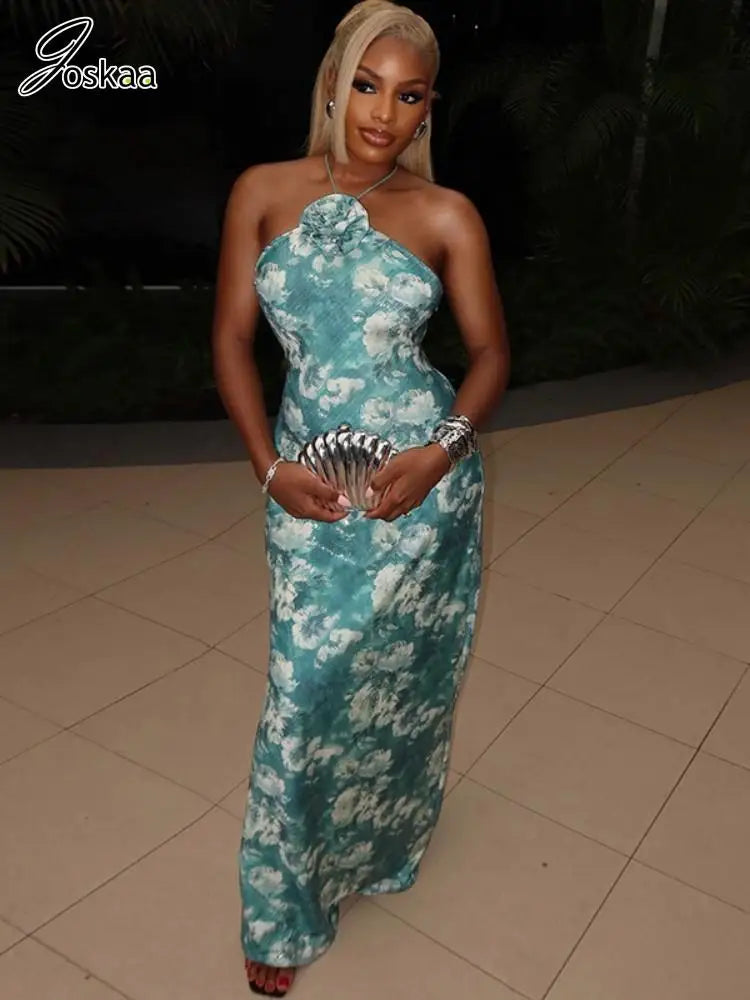 Women's Floral Print Backless Halter Maxi Dress Green – Front View