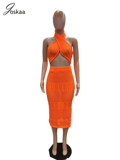 Women's Knit Cutout Ribbed Two Piece Set Orange – Back View