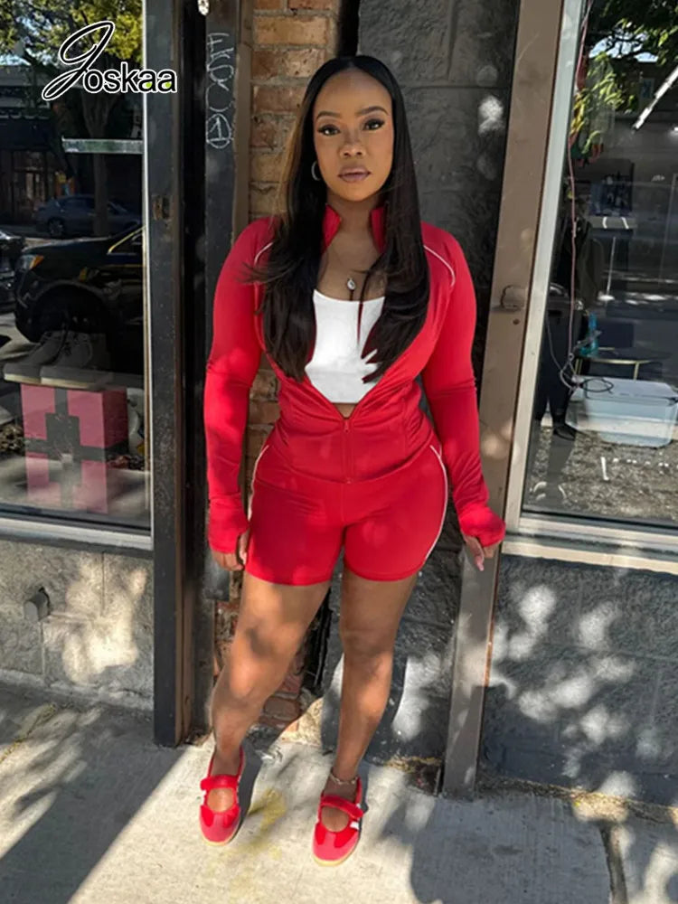 Women's Long Sleeve High Waist Two Piece Set Red – Side View