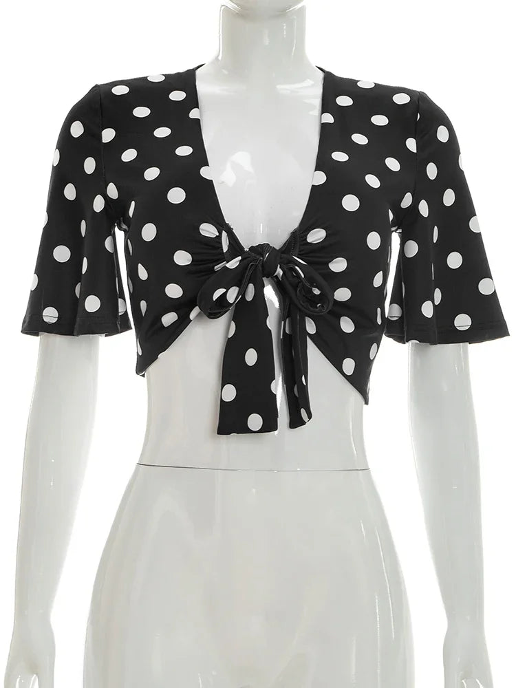 Women's Polka Dot Short Sleeve Black T-shirts Top