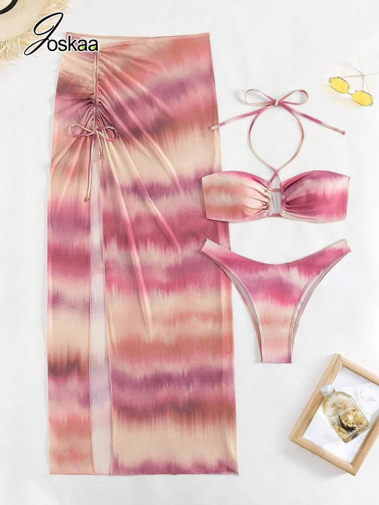 Women's Mesh Halter Swimwear Tie Dyed Bikini Set Light Purple – Back View