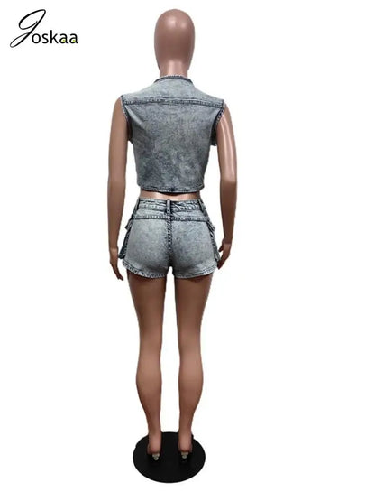Women's Denim Crop Stretch Pockets Vest Two Piece Set Dark Grey – Detail View