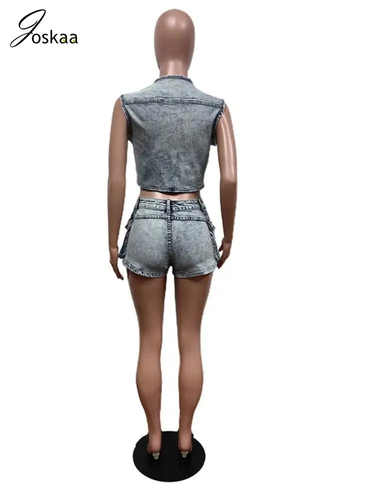 Women's Denim Crop Stretch Pockets Vest Two Piece Set Dark Grey – Detail View