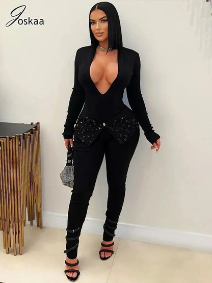 Women's Rhinestone Long Sleeve Bodycon Romper Black – Front View