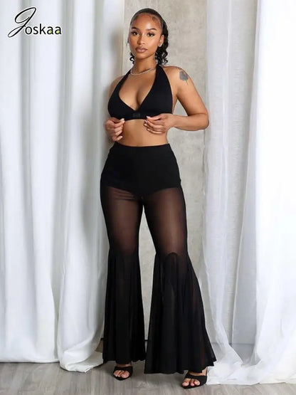 Women's Mesh High Waist Flare Sheer Black Pants – Women's Fashion Wholesale – Front View