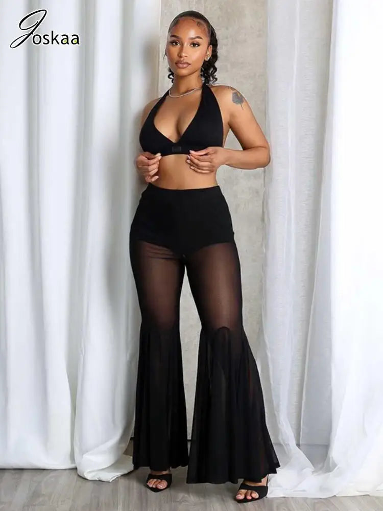 Women's Mesh High Waist Flare Sheer Black Pants – Women's Fashion Wholesale – Front View