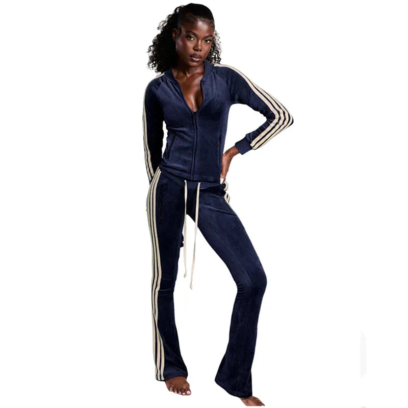 Women's Stripe Velvet Long Sleeve Two Piece Set