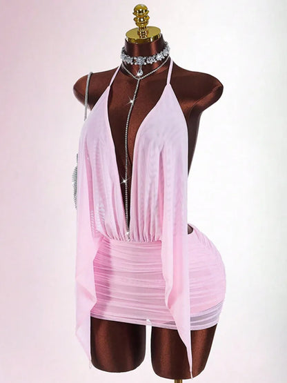 Joskaa Mesh Ruched Backless Halter Mini Dress - mini dress image 5