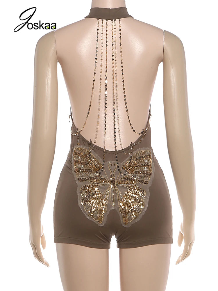 Women's Sequin Backless Halter Sleeveless Romper Brown – Detail View