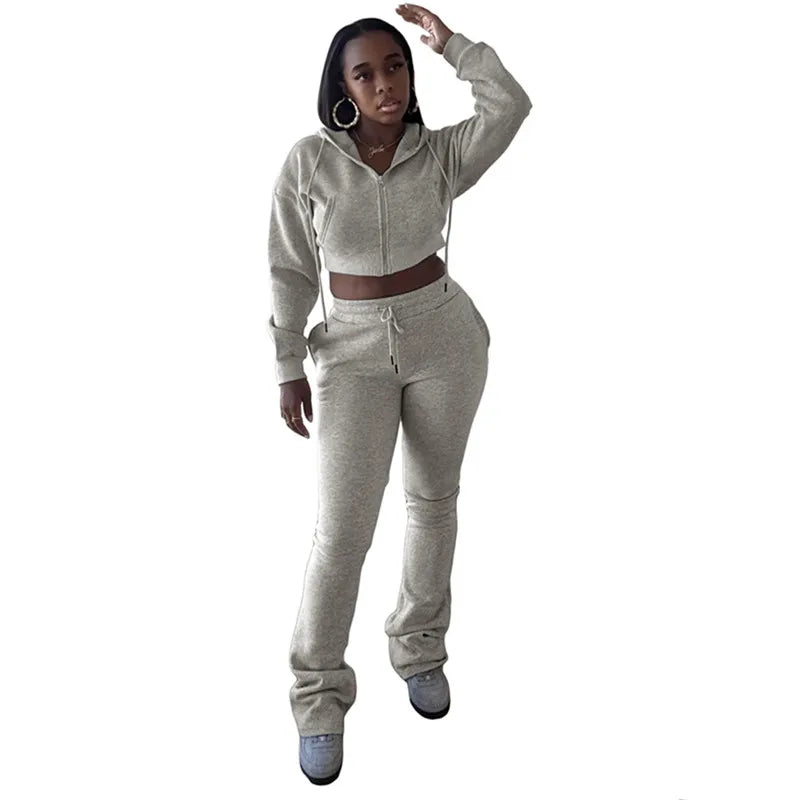 Wholesale Women's Crop Zip Hooded Two Piece Set