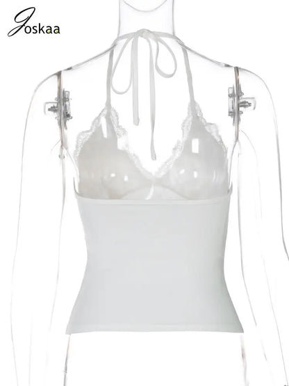 Women's Lace Backless Halter Patchwork Camisole V-neck Top White – Detail View