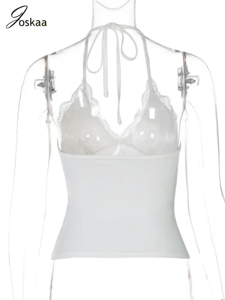 Women's Lace Backless Halter Patchwork Camisole V-neck Top White – Detail View