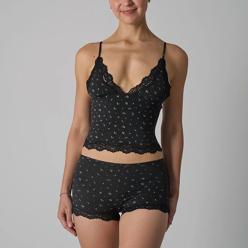 Women's Lace Crop Trim Camisole and Two Piece Set