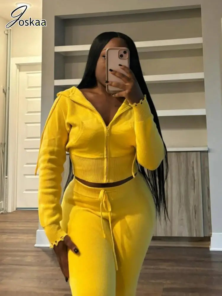 Women's Knit Long Sleeve Ribbed Zip Hooded Two Piece Set – Women's Fashion Wholesale – Front View