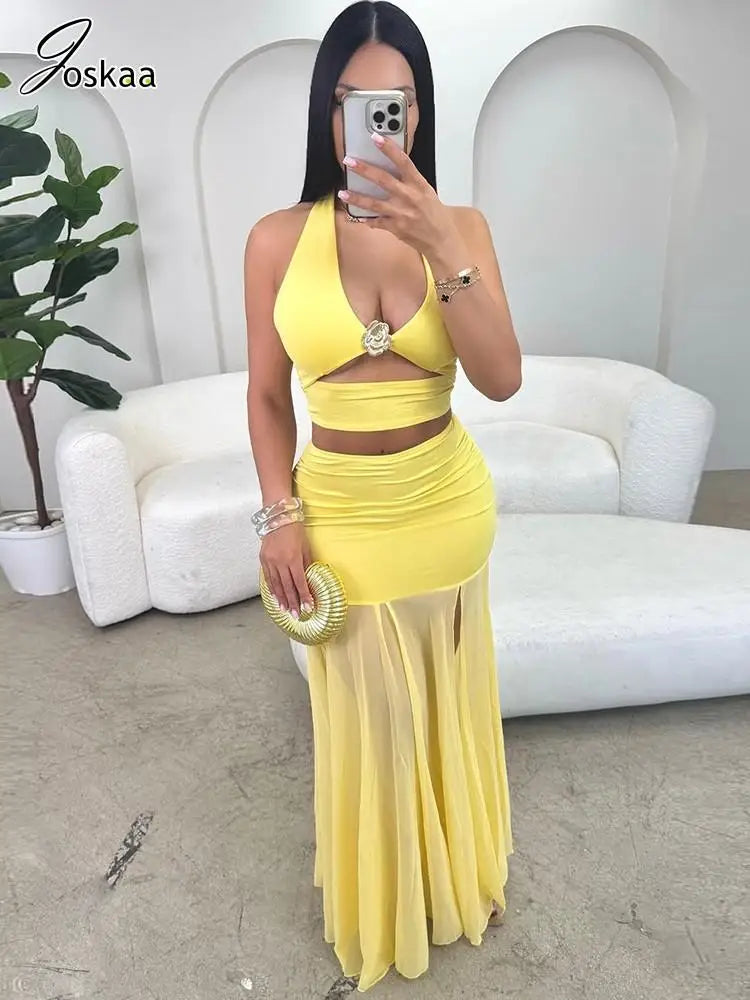 Women's Mesh Cutout Halter Two Piece Set – Women's Fashion Wholesale – Front View