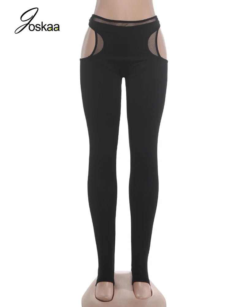 Women's Mesh Cutout Bodycon Pants Black Stirrup Leggings - Detail View 3
