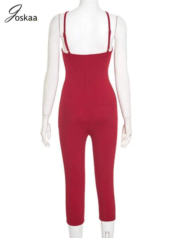 Women's Backless Halter Sleeveless Romper Red – Detail View
