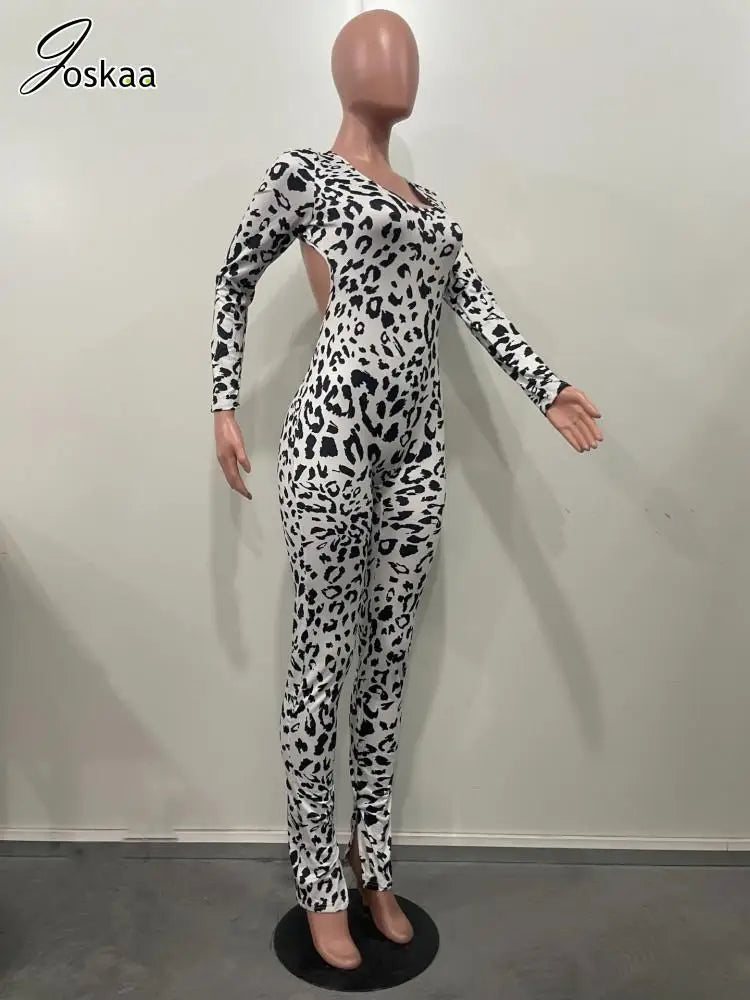 Women's Leopard Print Backless Long Sleeve Romper Dark Brown Leopard – Back View