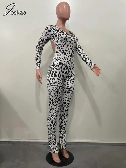 Women's Leopard Print Backless Long Sleeve Romper Dark Brown Leopard – Back View