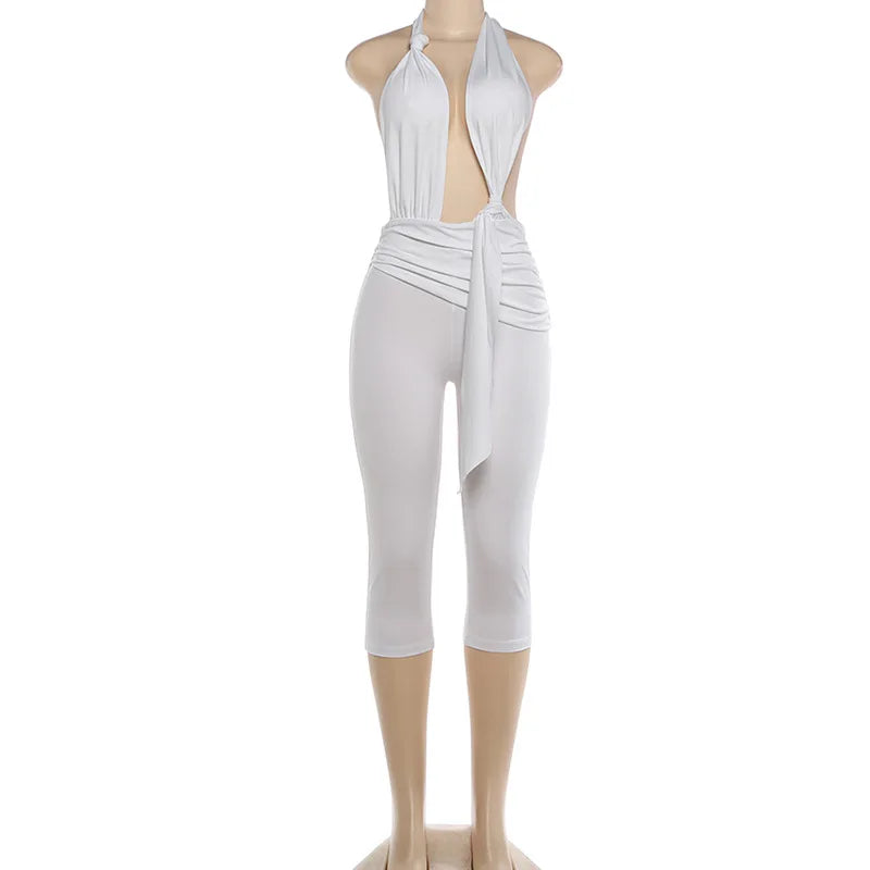 Women's Ruched Backless V-neck Halter Romper - Detail View 8