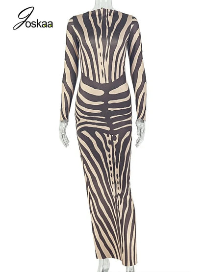 Women's Striped Backless Long Sleeve Bodycon Maxi Dress - Back View