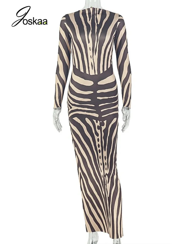 Women's Striped Backless Long Sleeve Bodycon Maxi Dress - Back View