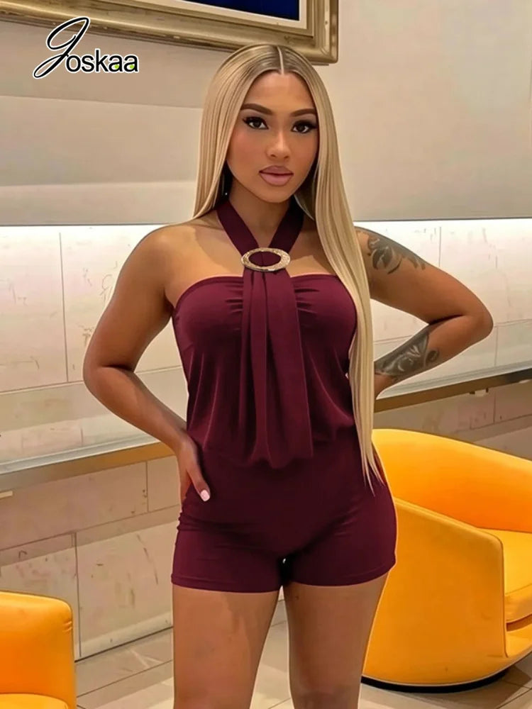 Women's Backless Halter Sleeveless Romper Wine Red – Side View