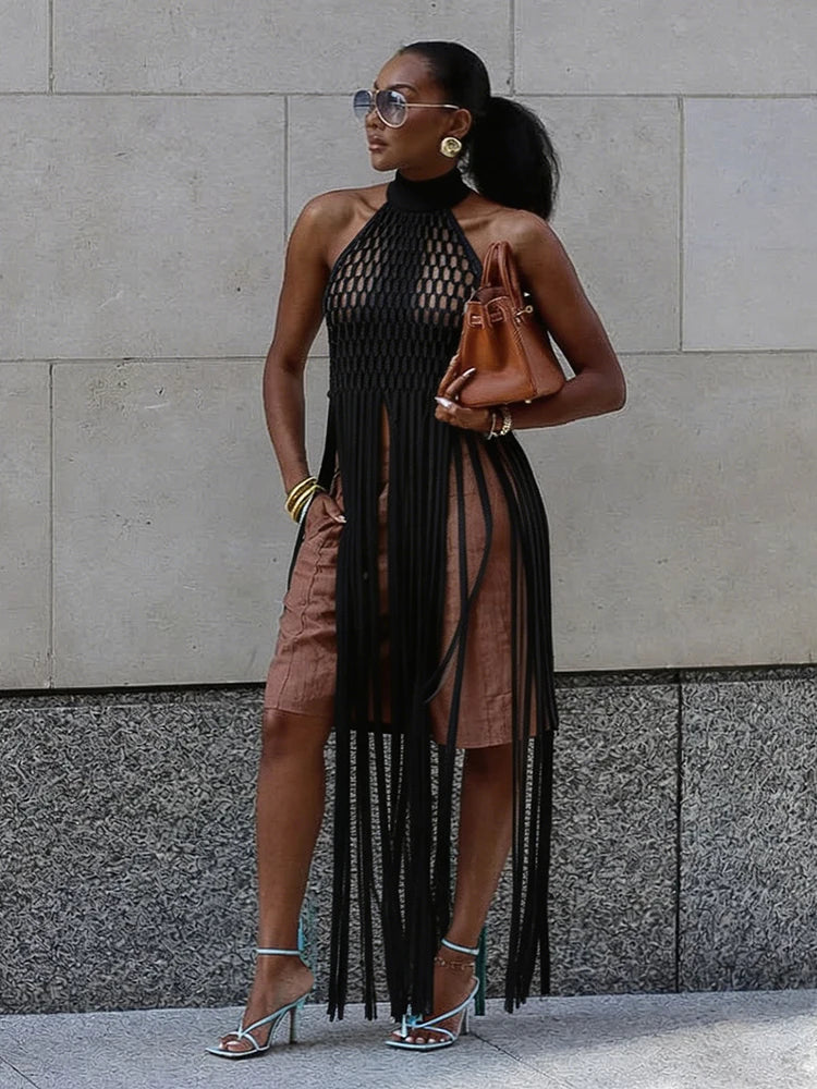 Women's Mesh Backless Cutout Halter Top Fishnet Tassel Tank - Detail View 8