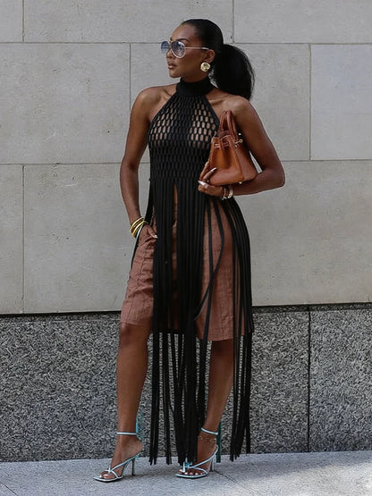 Women's Mesh Backless Cutout Halter Top Fishnet Tassel Tank - Detail View 8