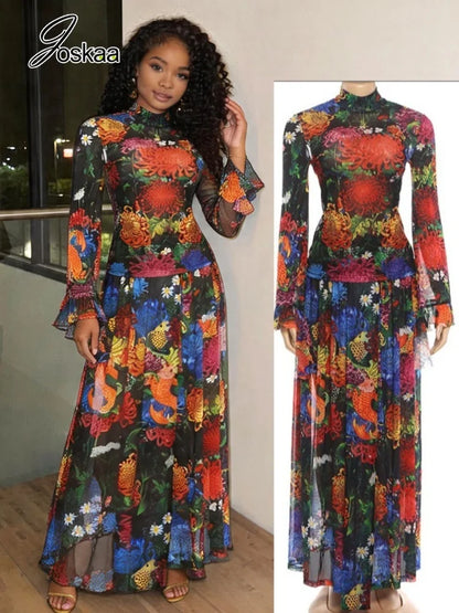 Women's Floral Print Mesh Long Sleeve Two Piece Set – Women's Fashion Wholesale – Front View
