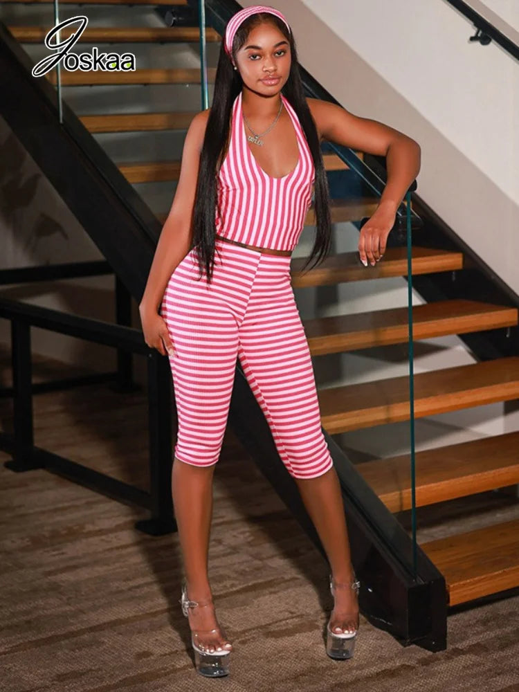 Women's Striped Backless Halter High Waist Two Piece Set - Side View