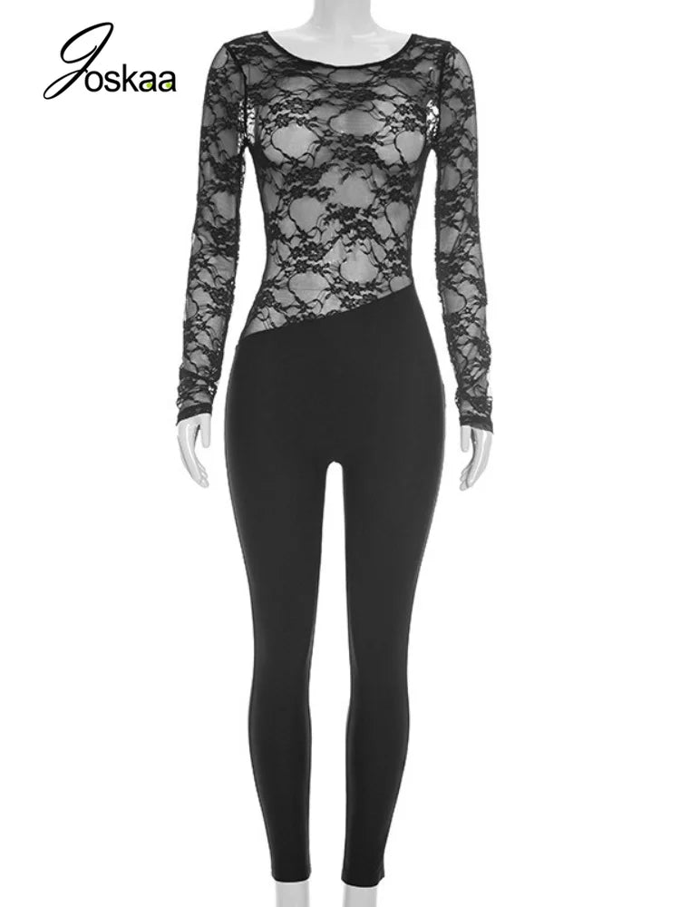 Women's Mesh Lace Backless Long Sleeve Romper - Back View
