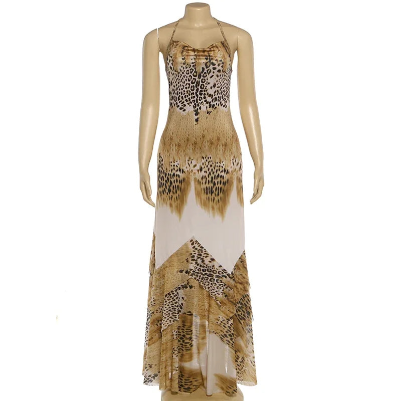Women's Leopard Print Lace Backless Dress