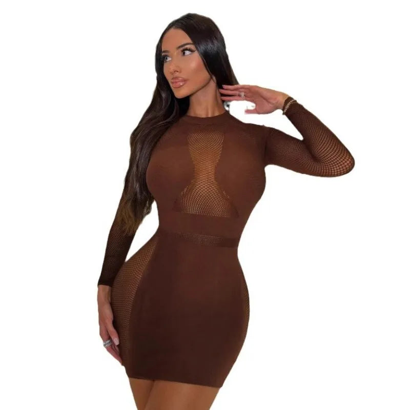 Women's Long Sleeve Patchwork Half High Mini Dress Dark Brown – Back View