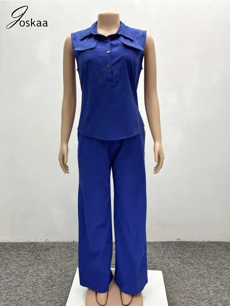 Women's Flare Wide Leg Causal Two Piece Set Blue – Back View