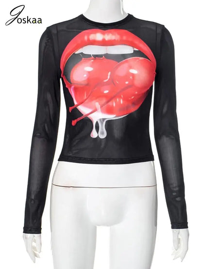 Women's Mesh Long Sleeve T-shirts Round Top Black – Back View