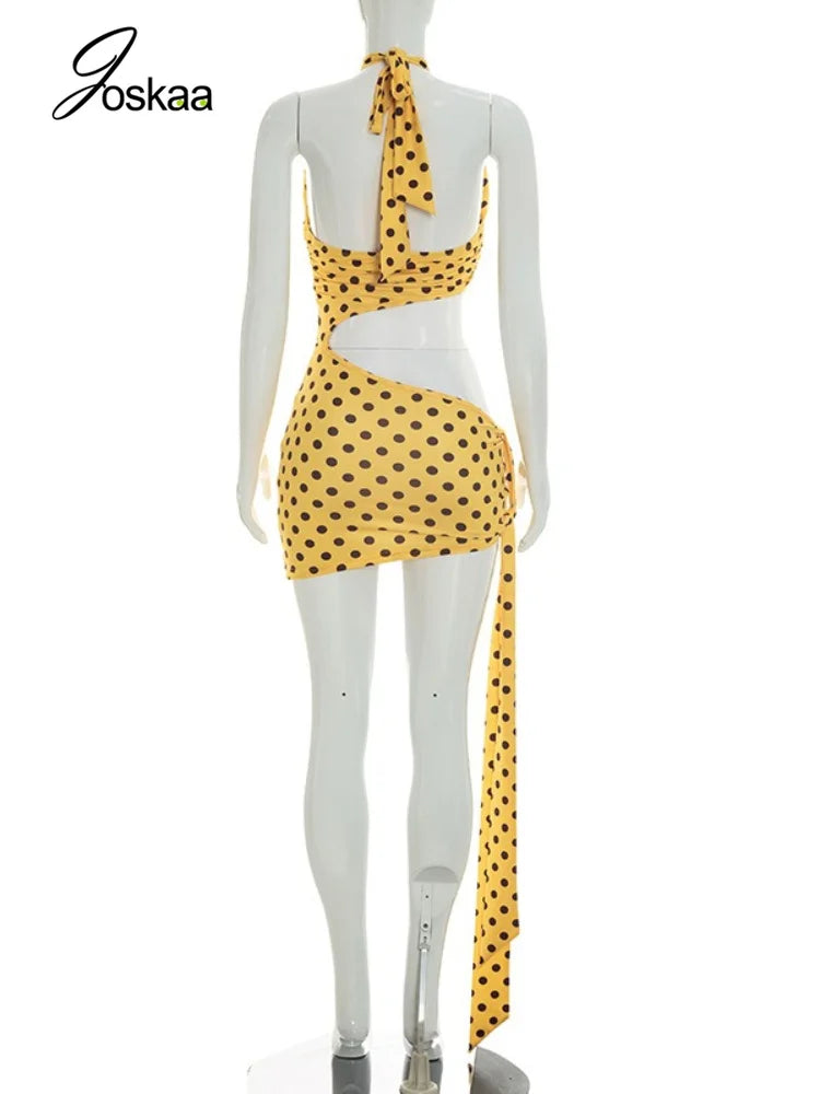 Women's Polka Dot Backless Cutout Halter Mini Dress - Detail View