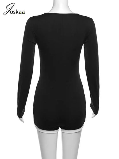 Women's Long Sleeve Bodycon Black and White Romper Black – Detail View