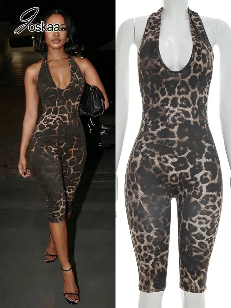 Women's Leopard Print Backless Halter Romper – Women's Fashion Wholesale – Front View