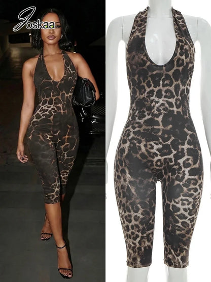 Women's Leopard Print Backless Halter Romper – Women's Fashion Wholesale – Front View