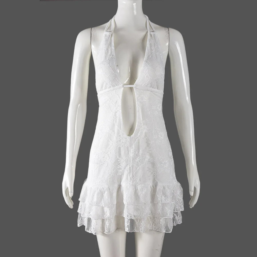 Women's Lace Backless Halter Bodycon Mini Dress