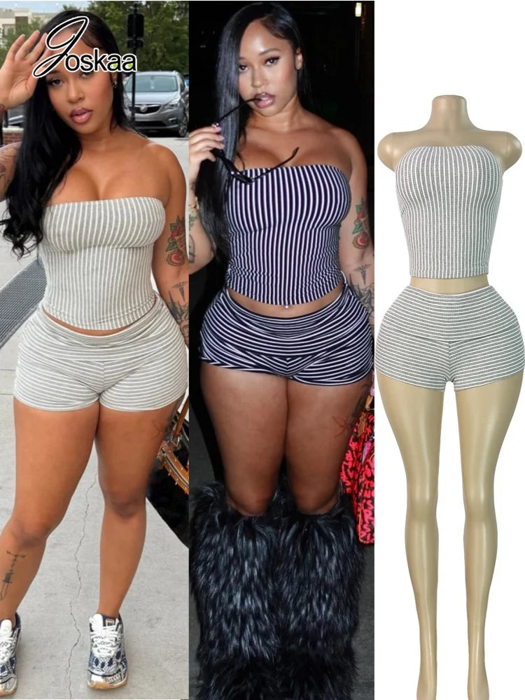 Women's Stripe Strapless Crop Two Piece Set – Women's Fashion Wholesale – Front View