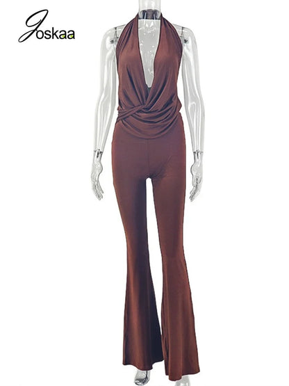 Women's Ruched Backless V-neck Halter Romper 2909 - Back View