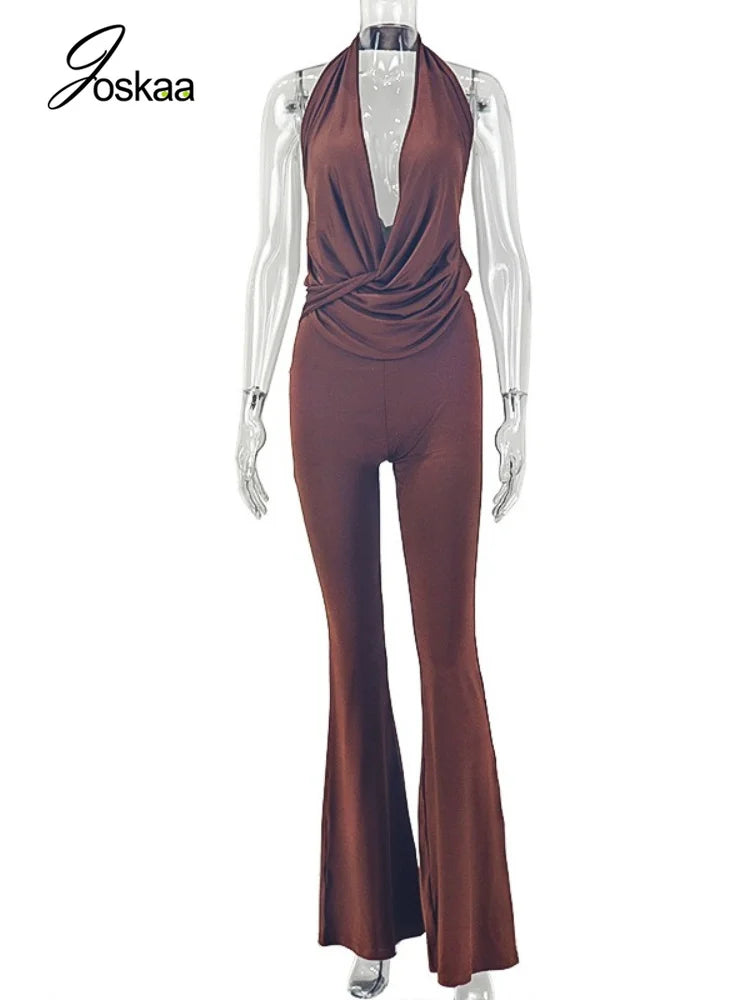 Women's Ruched Backless V-neck Halter Romper 2909 - Back View