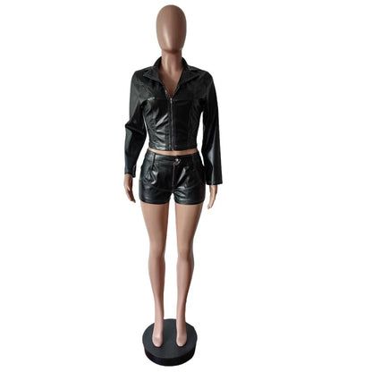 Women's Faux Leather Long Sleeve Crop Two Piece Set