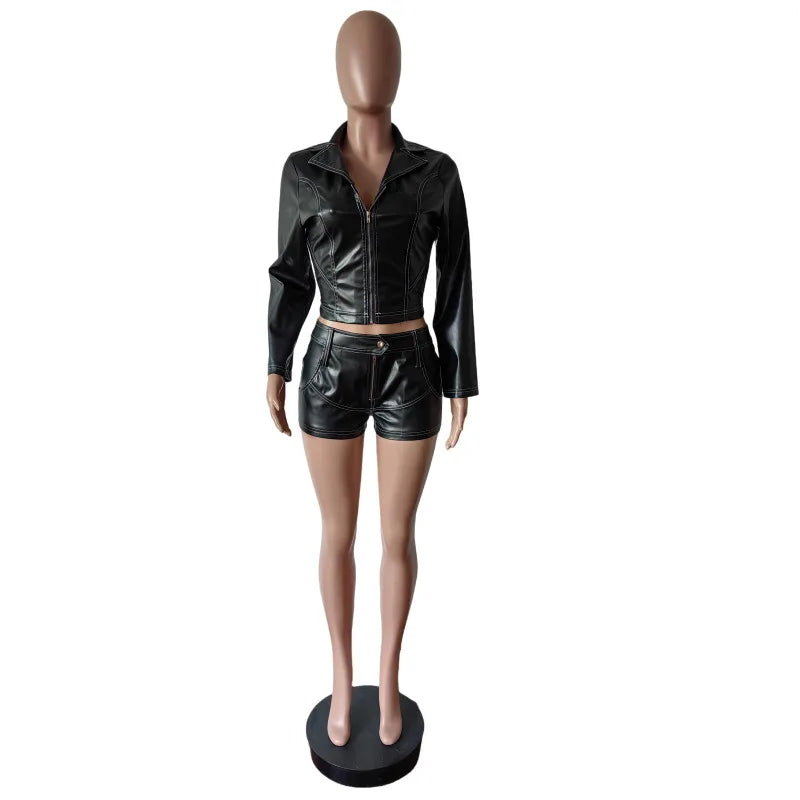 Women's Faux Leather Long Sleeve Crop Two Piece Set