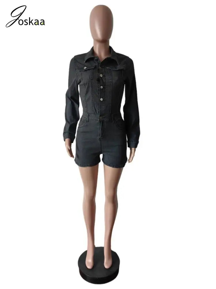 Women's Denim Long Sleeve Bodycon Romper Black – Back View