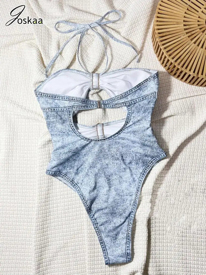 Women's Denim Backless Cutout Bikini Set Denim Print – Detail View
