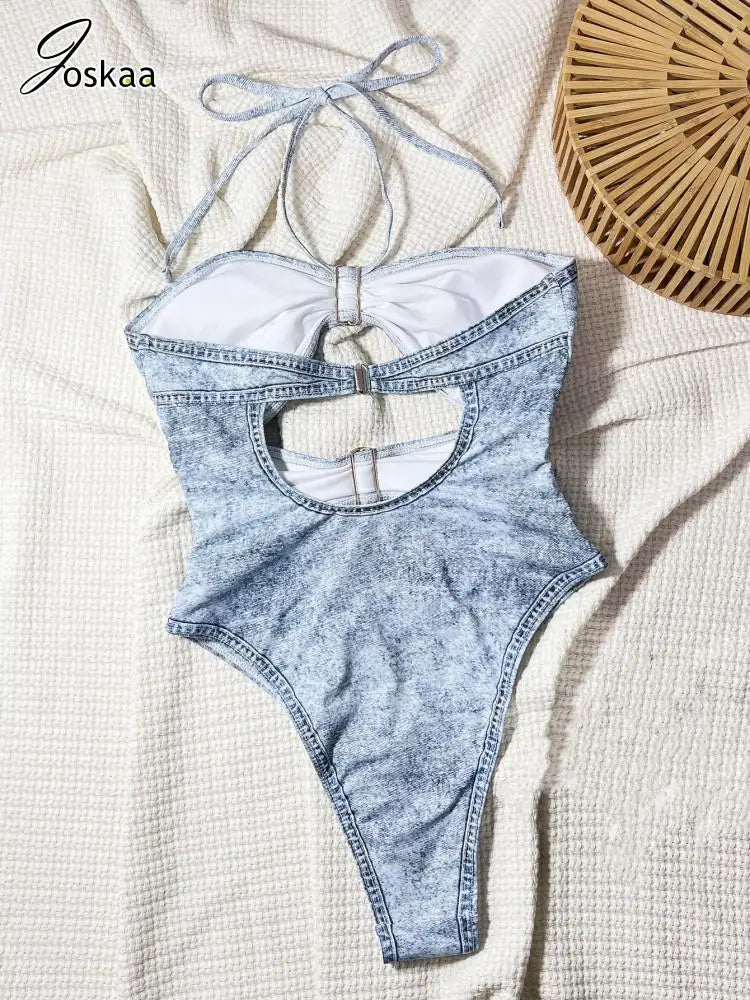 Women's Denim Backless Cutout Bikini Set Denim Print – Detail View