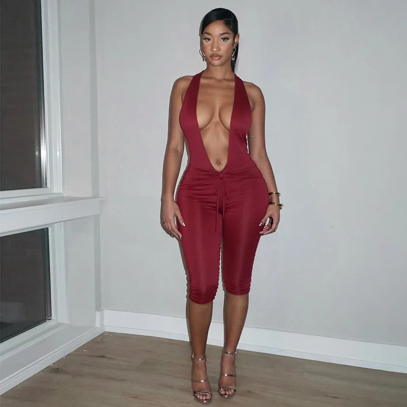 Women's Ruched Backless Halter Sleeveless Romper